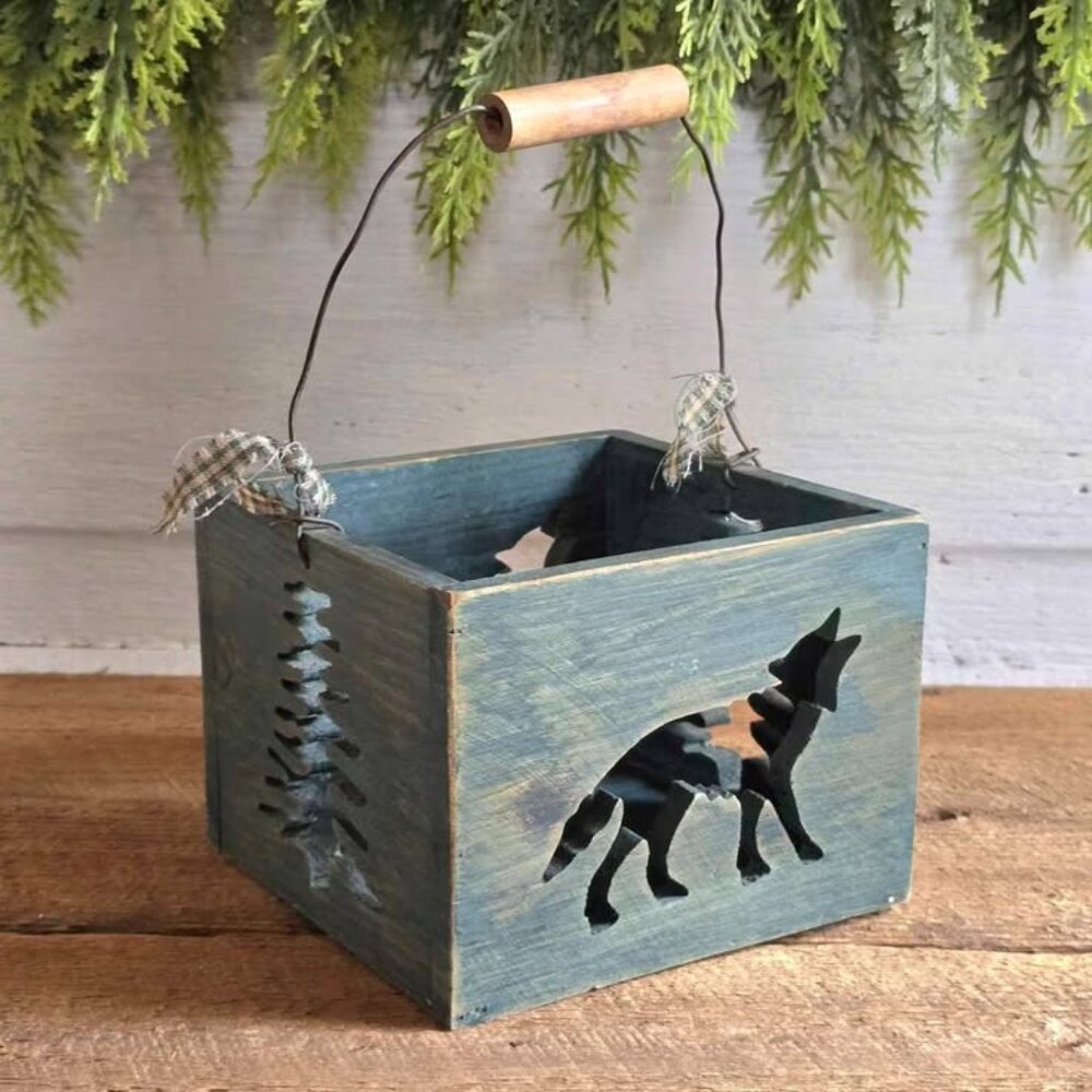 Primitive Green Wolf & Tree Cutout Wooden Basket Box Plaid Cabin Lodge Decor